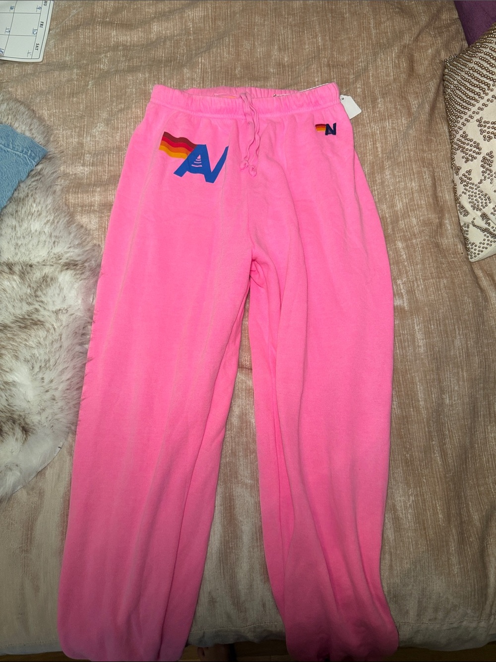 Aviator Nation Pink Sweatpants with Rainbow Logo